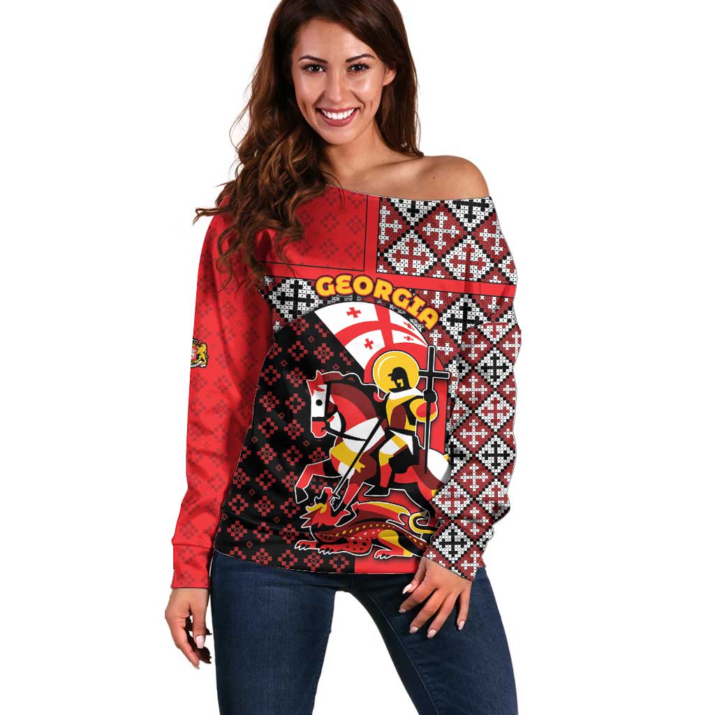 Personalized Georgia Off Shoulder Sweater Saint George Dragon Slayer Folk Pattern