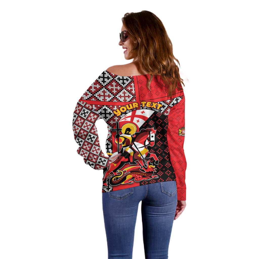 Personalized Georgia Off Shoulder Sweater Saint George Dragon Slayer Folk Pattern