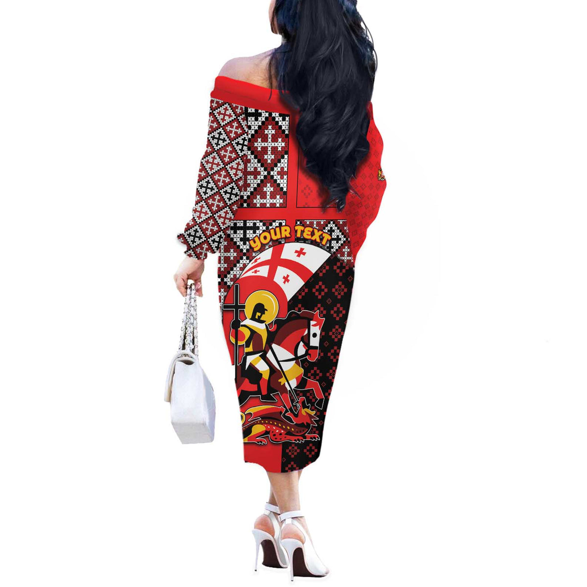 Personalized Georgia Off The Shoulder Long Sleeve Dress Saint George Dragon Slayer Folk Pattern