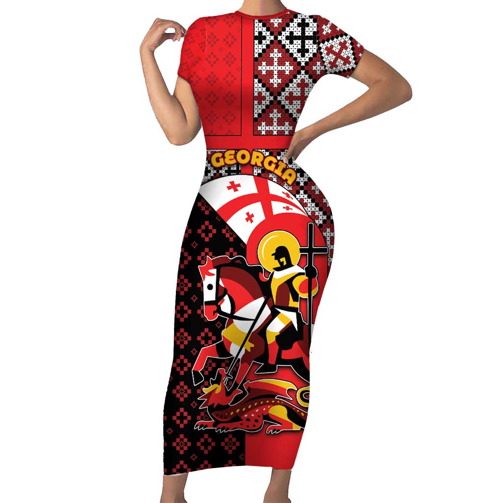 Personalized Georgia Short Sleeve Bodycon Dress Saint George Dragon Slayer Folk Pattern