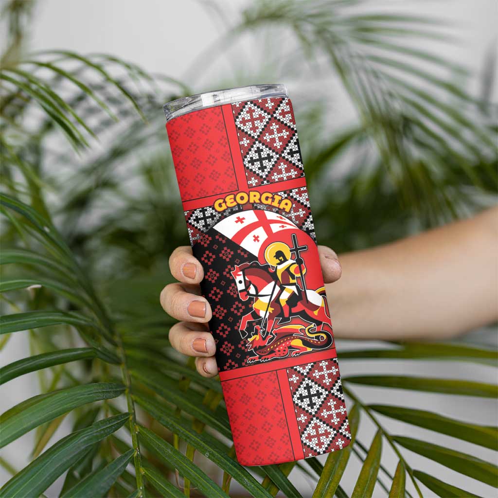 Personalized Georgia Skinny Tumbler Saint George Dragon Slayer Folk Pattern