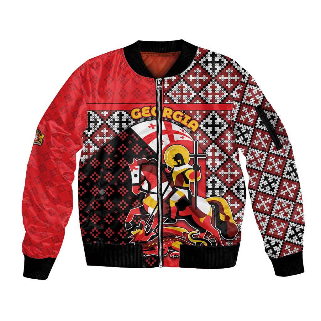 Personalized Georgia Sleeve Zip Bomber Jacket Saint George Dragon Slayer Folk Pattern