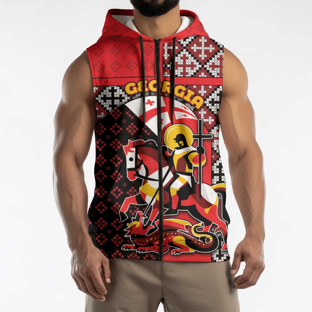 Personalized Georgia Sleeveless Zip Hoodie Saint George Dragon Slayer Folk Pattern