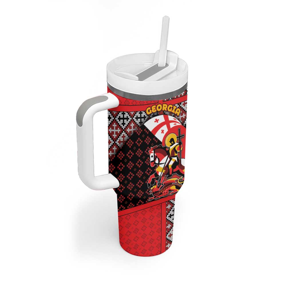 Personalized Georgia Tumbler With Handle Saint George Dragon Slayer Folk Pattern