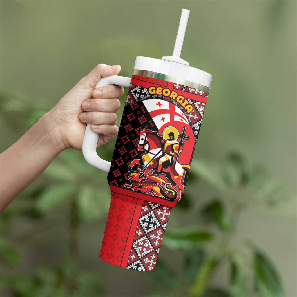 Personalized Georgia Tumbler With Handle Saint George Dragon Slayer Folk Pattern