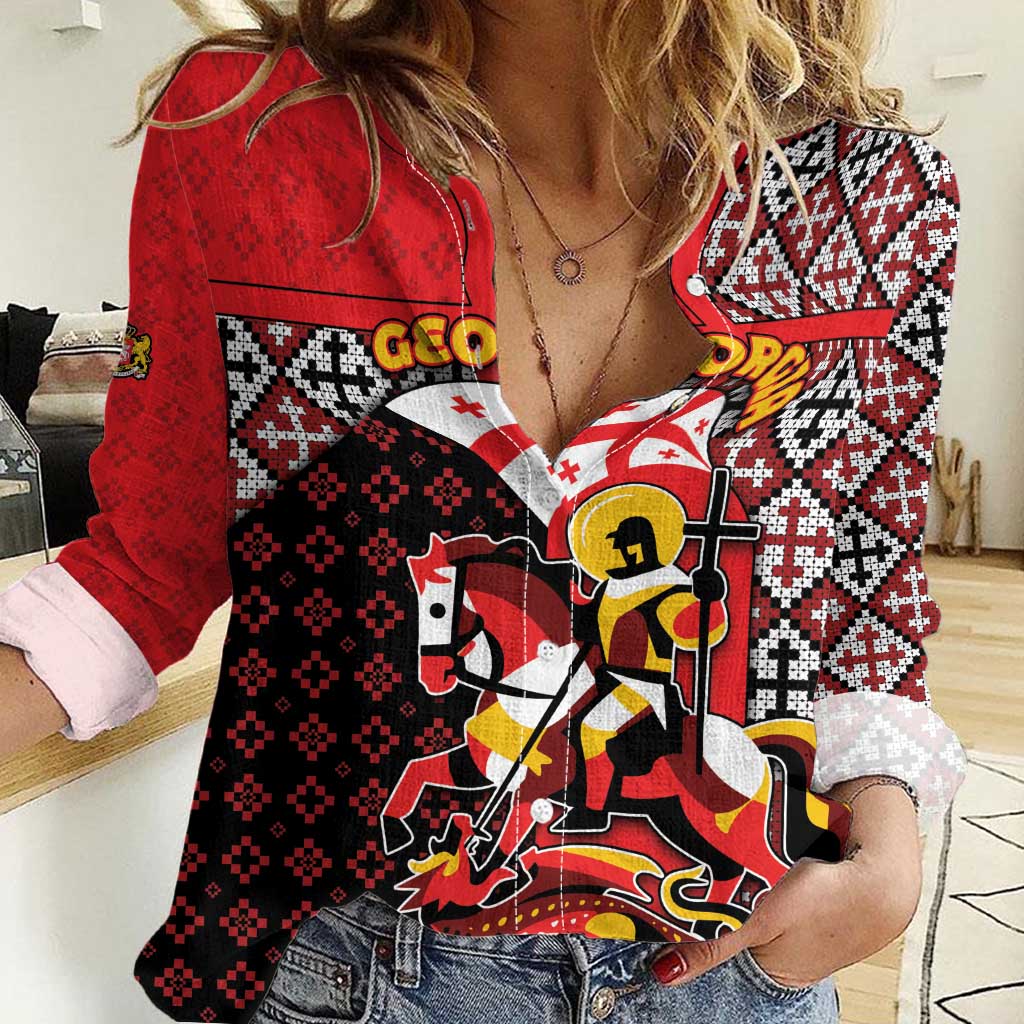 Personalized Georgia Women Casual Shirt Saint George Dragon Slayer Folk Pattern