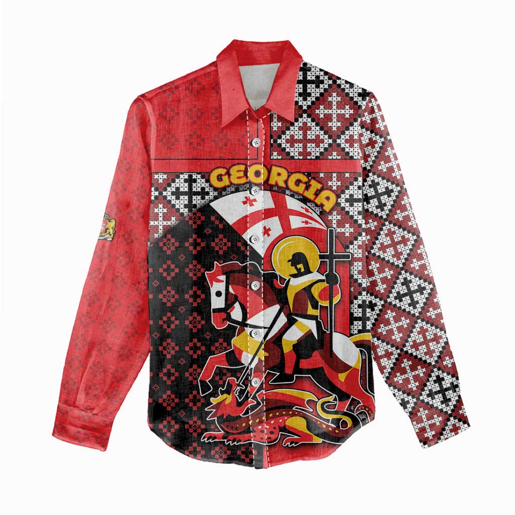 Personalized Georgia Women Casual Shirt Saint George Dragon Slayer Folk Pattern
