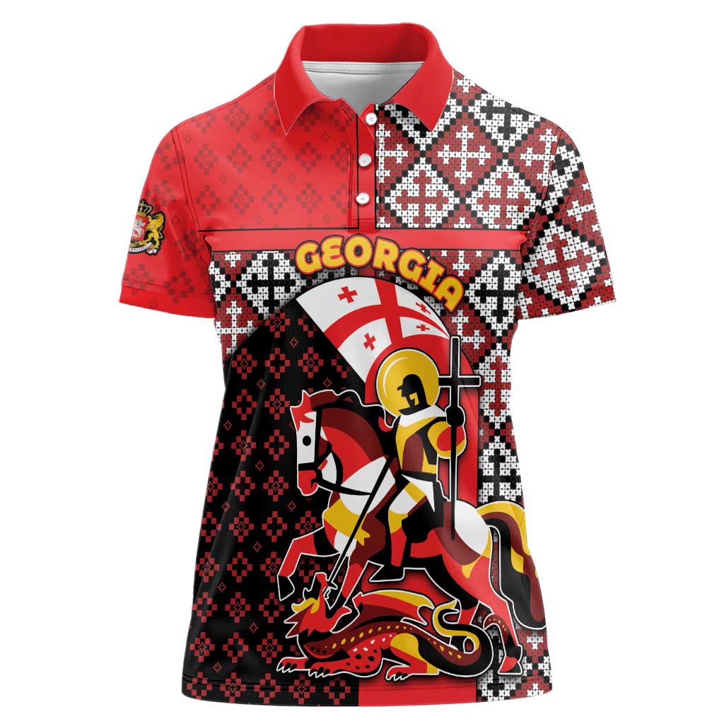 Personalized Georgia Women Polo Shirt Saint George Dragon Slayer Folk Pattern