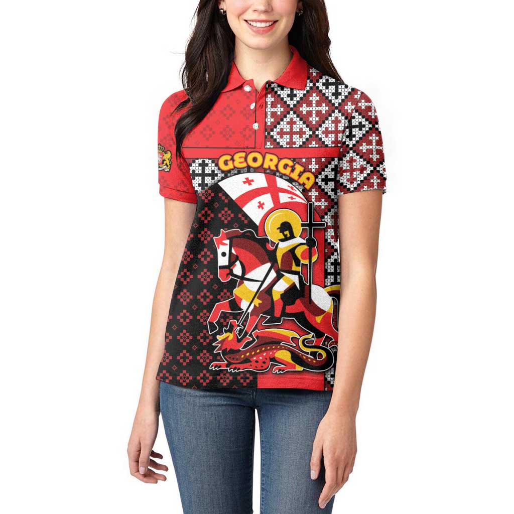Personalized Georgia Women Polo Shirt Saint George Dragon Slayer Folk Pattern