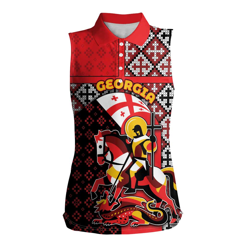 Personalized Georgia Women Sleeveless Polo Shirt Saint George Dragon Slayer Folk Pattern