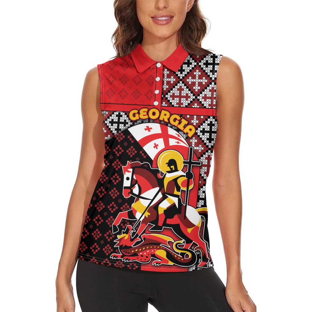 Personalized Georgia Women Sleeveless Polo Shirt Saint George Dragon Slayer Folk Pattern