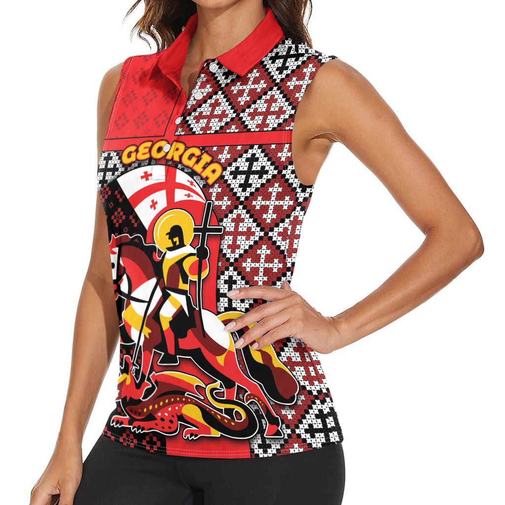 Personalized Georgia Women Sleeveless Polo Shirt Saint George Dragon Slayer Folk Pattern