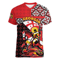 Personalized Georgia Women V-Neck T-Shirt Saint George Dragon Slayer Folk Pattern