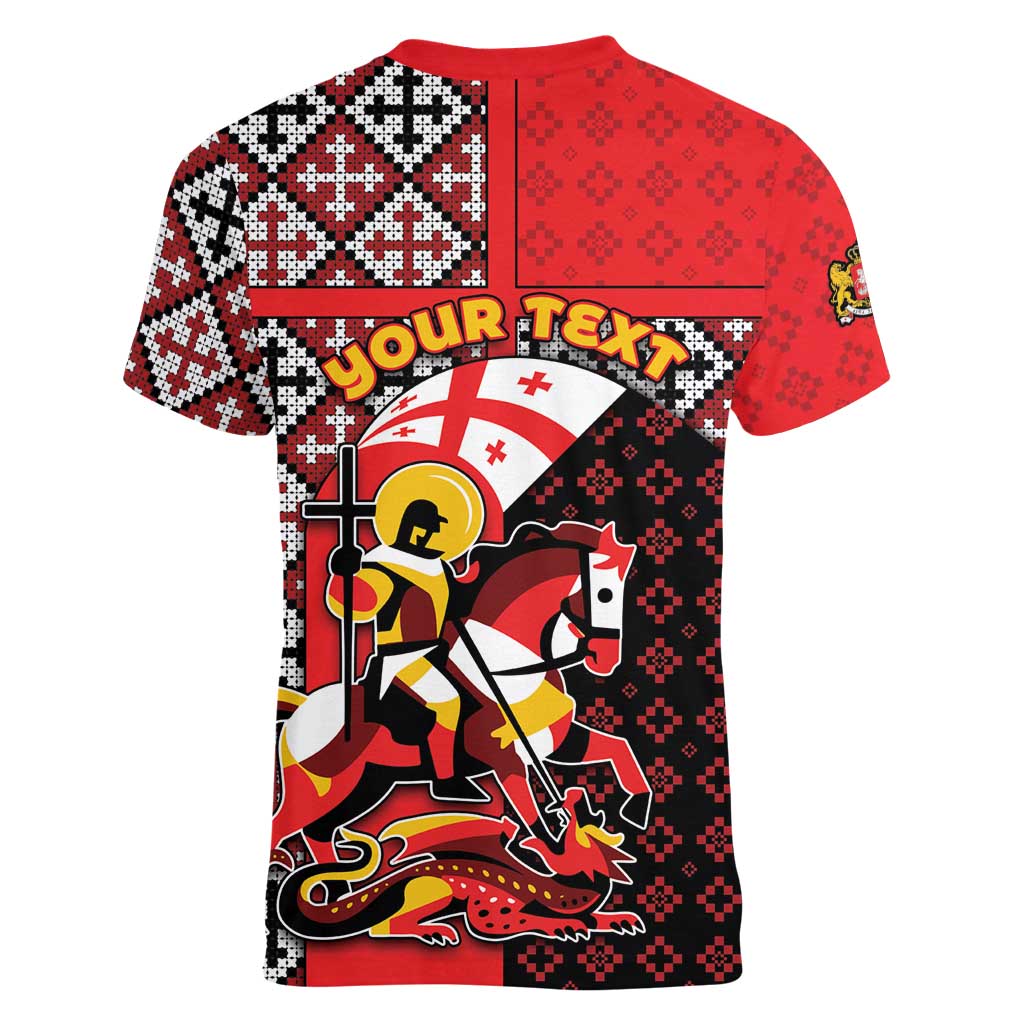 Personalized Georgia Women V-Neck T-Shirt Saint George Dragon Slayer Folk Pattern