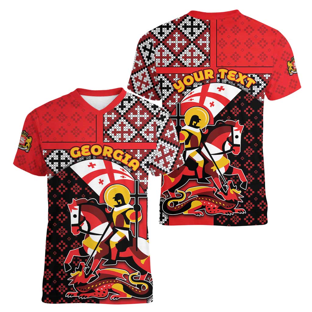 Personalized Georgia Women V-Neck T-Shirt Saint George Dragon Slayer Folk Pattern