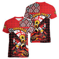 Personalized Georgia Women V-Neck T-Shirt Saint George Dragon Slayer Folk Pattern