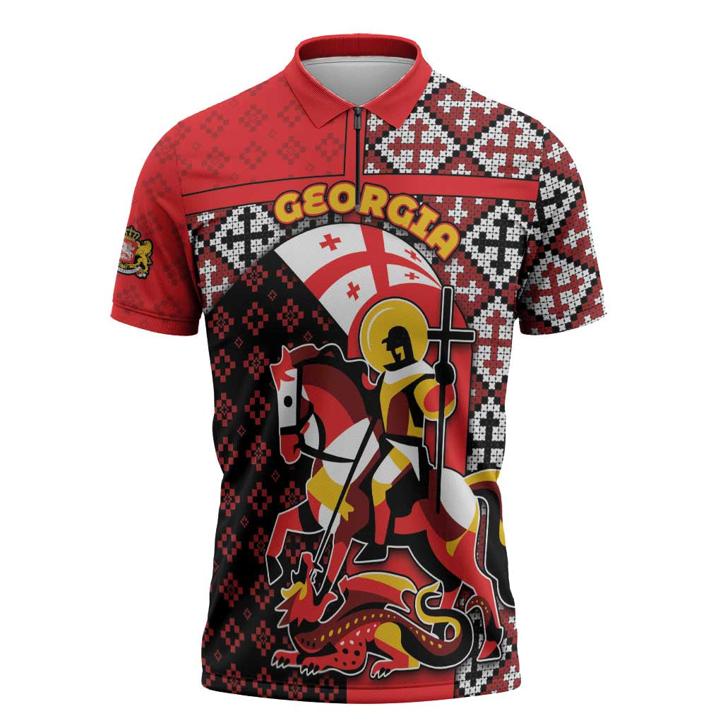 Personalized Georgia Zipper Polo Shirt Saint George Dragon Slayer Folk Pattern
