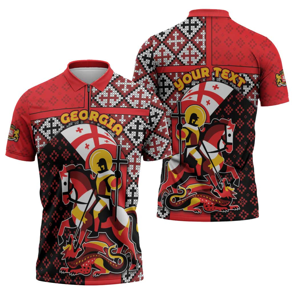 Personalized Georgia Zipper Polo Shirt Saint George Dragon Slayer Folk Pattern