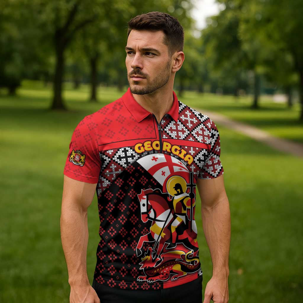 Personalized Georgia Zipper Polo Shirt Saint George Dragon Slayer Folk Pattern
