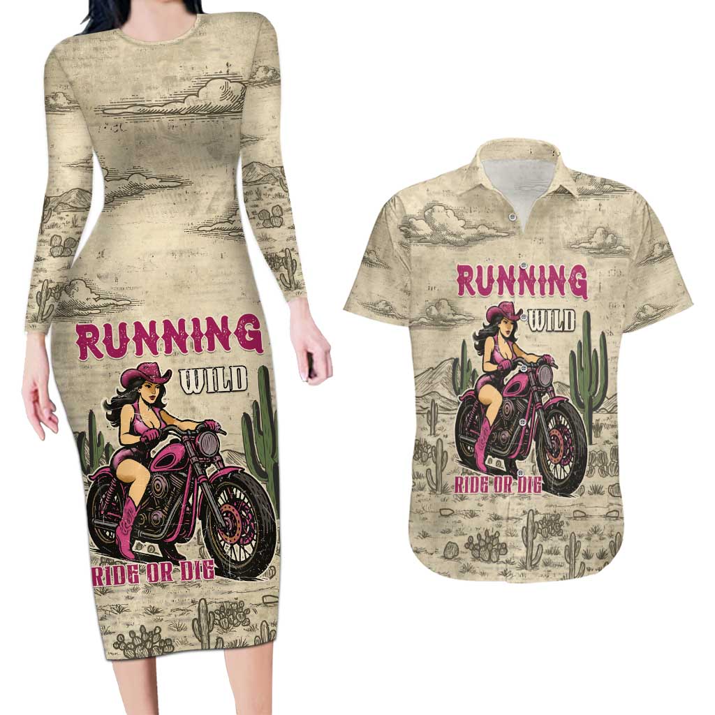 Cowgirl Couples Matching Long Sleeve Bodycon Dress and Hawaiian Shirt Running Wild Ride Or Die