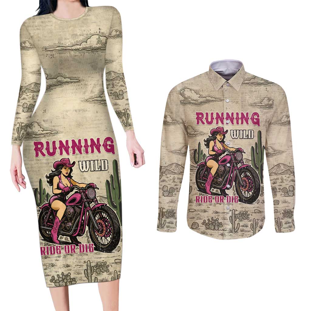 Cowgirl Couples Matching Long Sleeve Bodycon Dress and Long Sleeve Button Shirt Running Wild Ride Or Die
