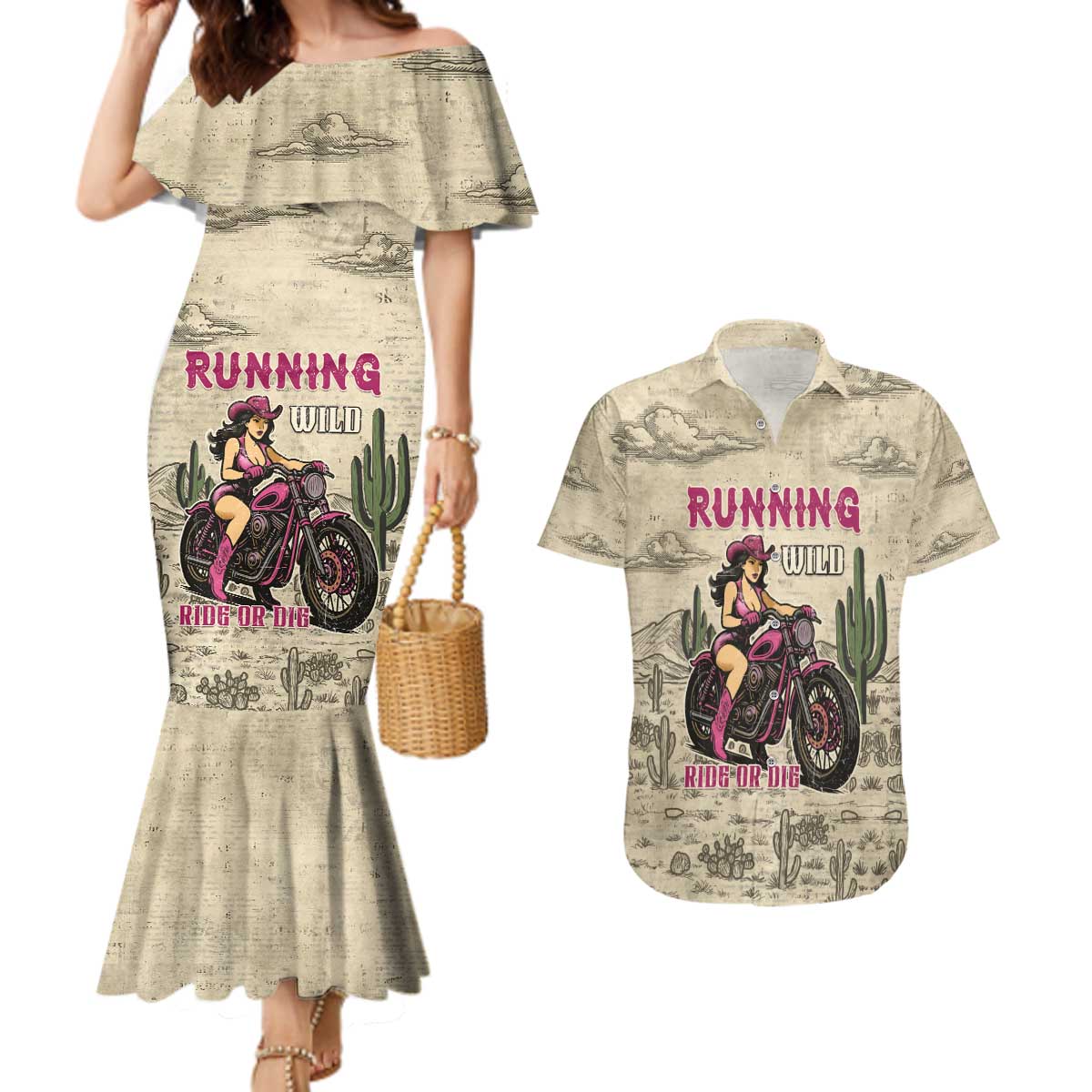 Cowgirl Couples Matching Mermaid Dress and Hawaiian Shirt Running Wild Ride Or Die
