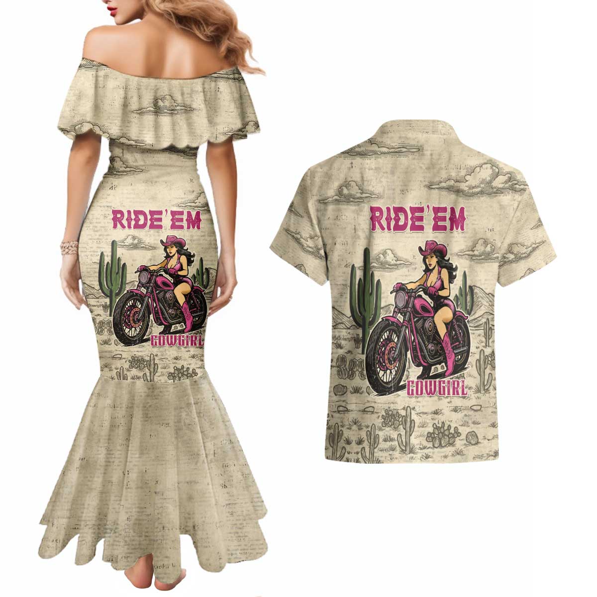 Cowgirl Couples Matching Mermaid Dress and Hawaiian Shirt Running Wild Ride Or Die