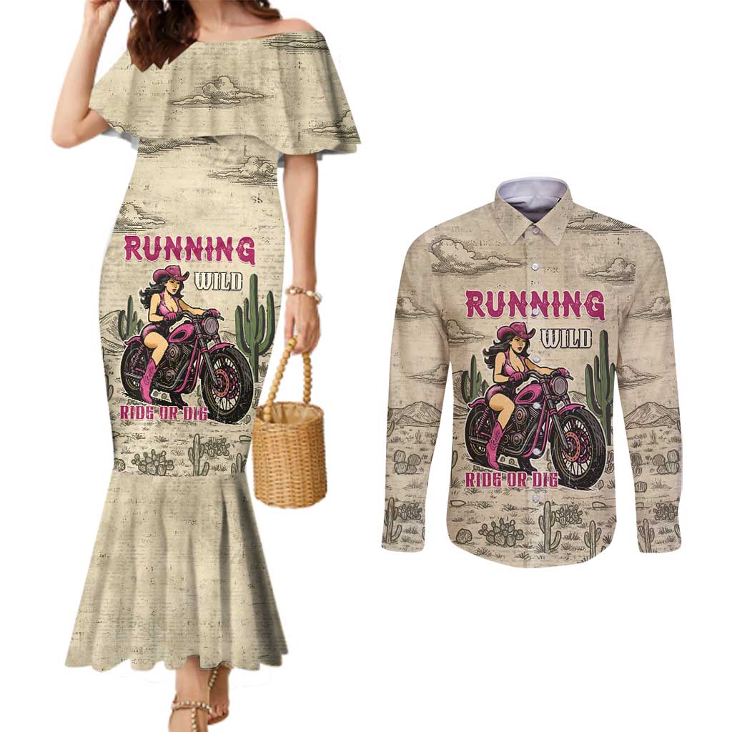 Cowgirl Couples Matching Mermaid Dress and Long Sleeve Button Shirt Running Wild Ride Or Die