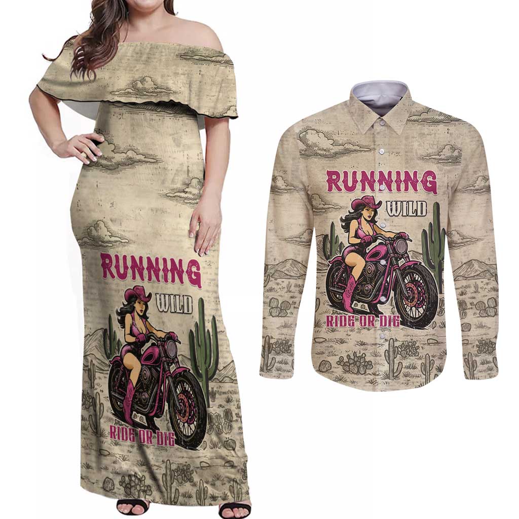 Cowgirl Couples Matching Off Shoulder Maxi Dress and Long Sleeve Button Shirt Running Wild Ride Or Die