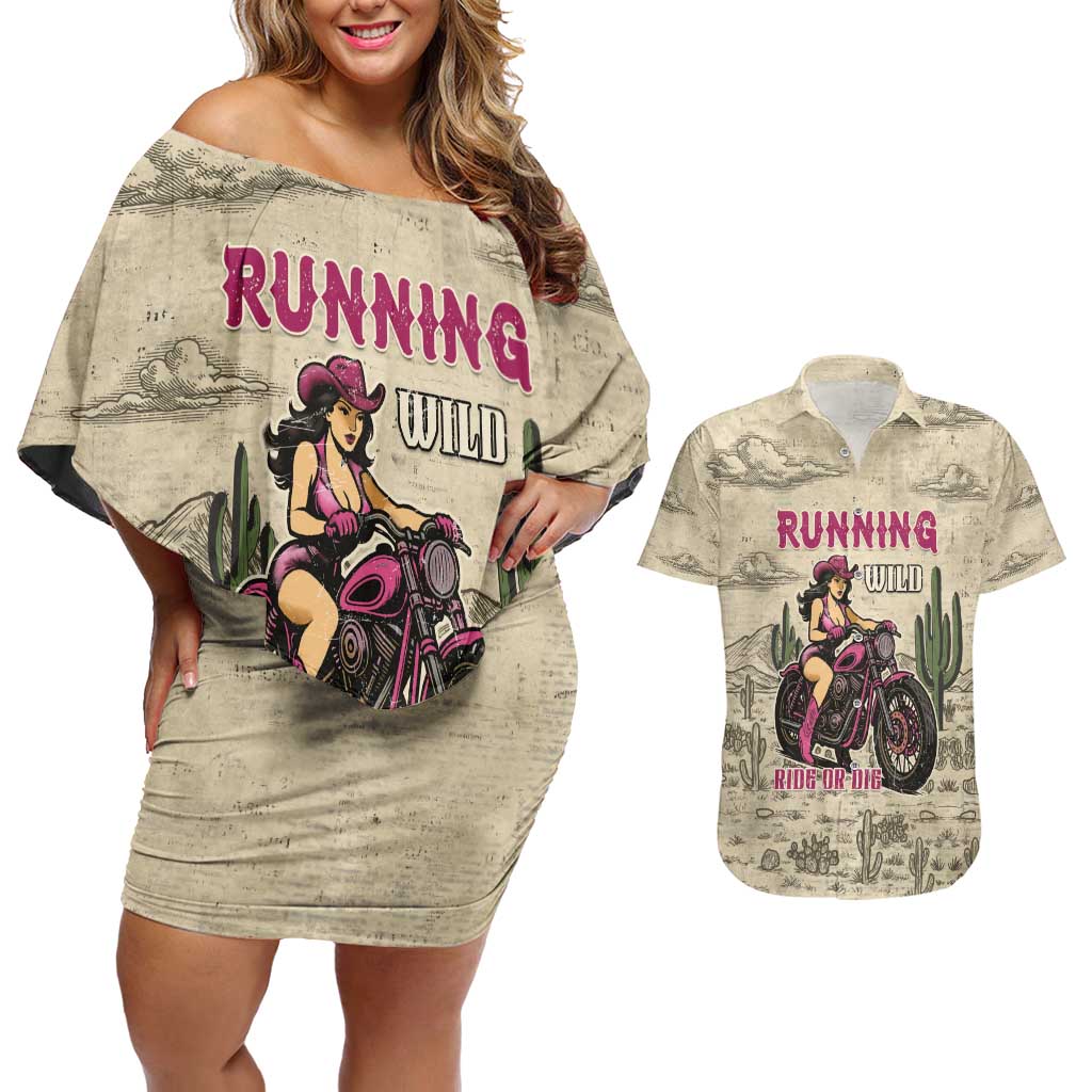 Cowgirl Couples Matching Off Shoulder Short Dress and Hawaiian Shirt Running Wild Ride Or Die