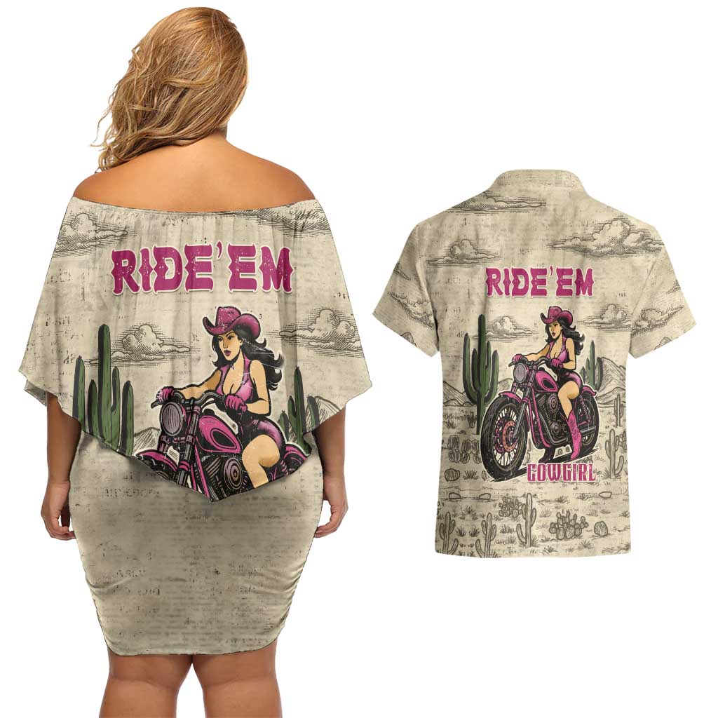 Cowgirl Couples Matching Off Shoulder Short Dress and Hawaiian Shirt Running Wild Ride Or Die