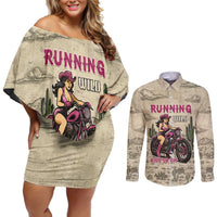 Cowgirl Couples Matching Off Shoulder Short Dress and Long Sleeve Button Shirt Running Wild Ride Or Die