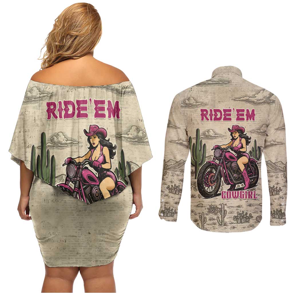 Cowgirl Couples Matching Off Shoulder Short Dress and Long Sleeve Button Shirt Running Wild Ride Or Die