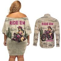 Cowgirl Couples Matching Off Shoulder Short Dress and Long Sleeve Button Shirt Running Wild Ride Or Die