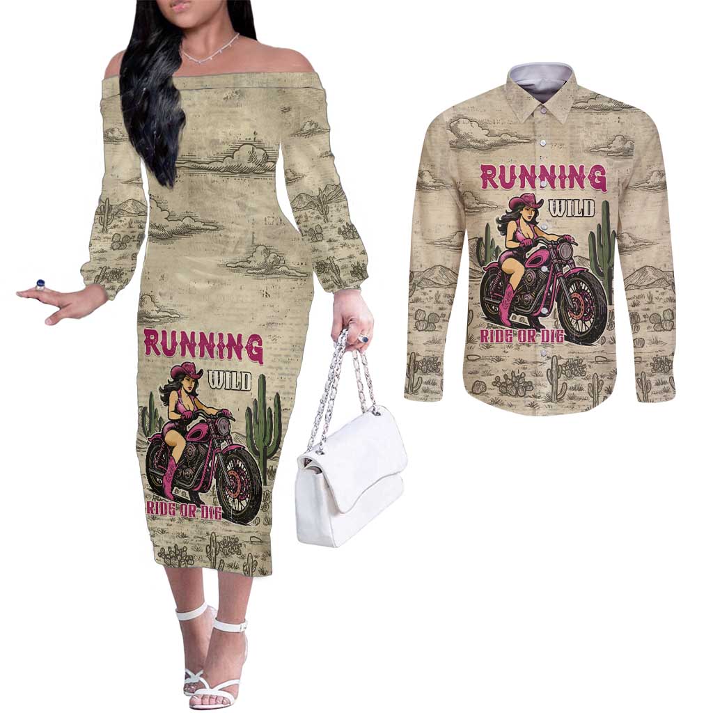Cowgirl Couples Matching Off The Shoulder Long Sleeve Dress and Long Sleeve Button Shirt Running Wild Ride Or Die