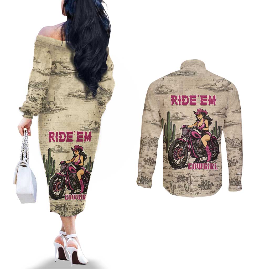 Cowgirl Couples Matching Off The Shoulder Long Sleeve Dress and Long Sleeve Button Shirt Running Wild Ride Or Die