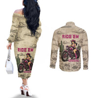 Cowgirl Couples Matching Off The Shoulder Long Sleeve Dress and Long Sleeve Button Shirt Running Wild Ride Or Die