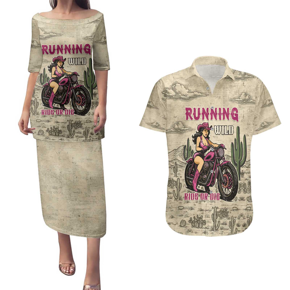 Cowgirl Couples Matching Puletasi and Hawaiian Shirt Running Wild Ride Or Die