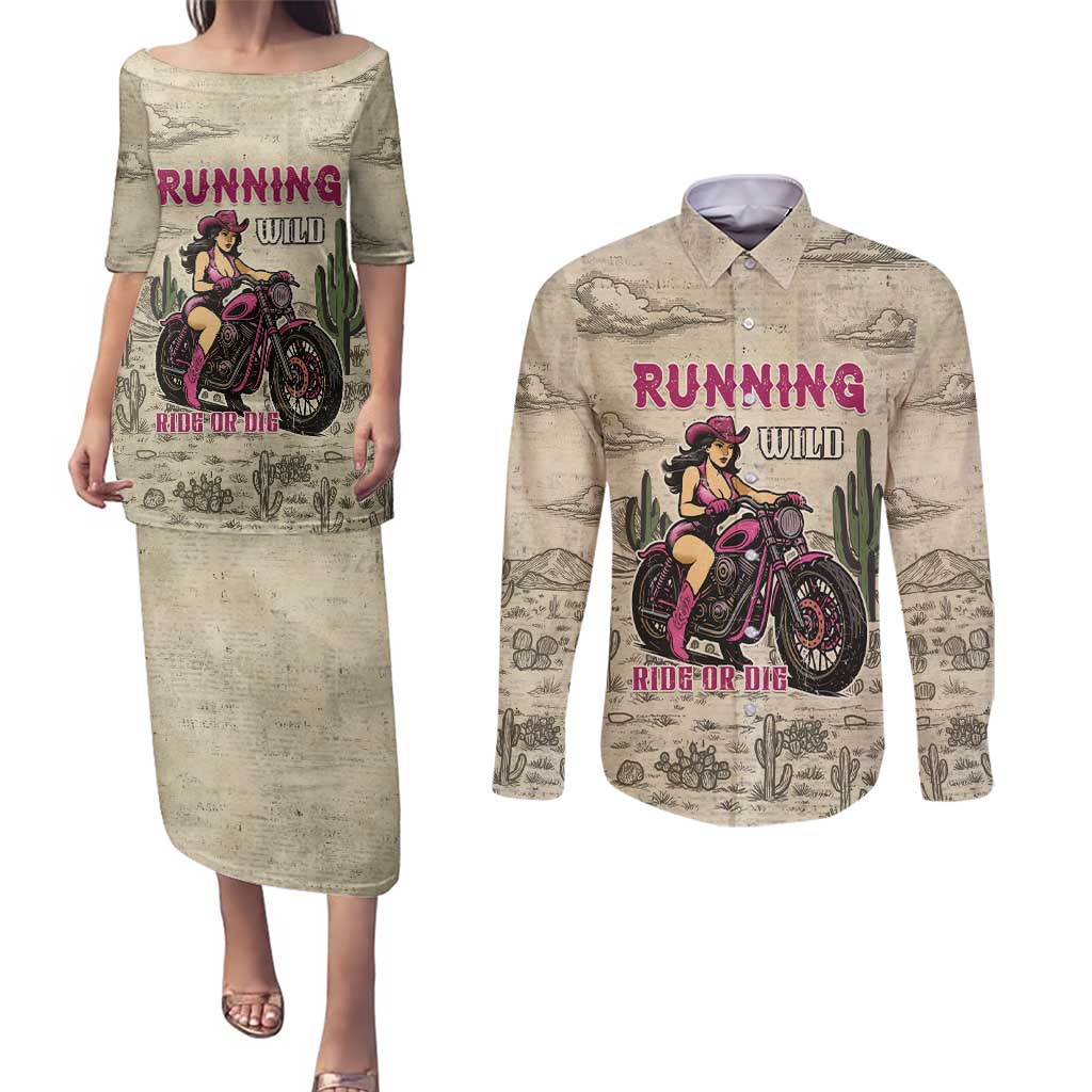 Cowgirl Couples Matching Puletasi and Long Sleeve Button Shirt Running Wild Ride Or Die