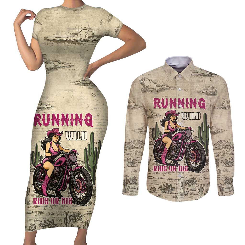 Cowgirl Couples Matching Short Sleeve Bodycon Dress and Long Sleeve Button Shirt Running Wild Ride Or Die