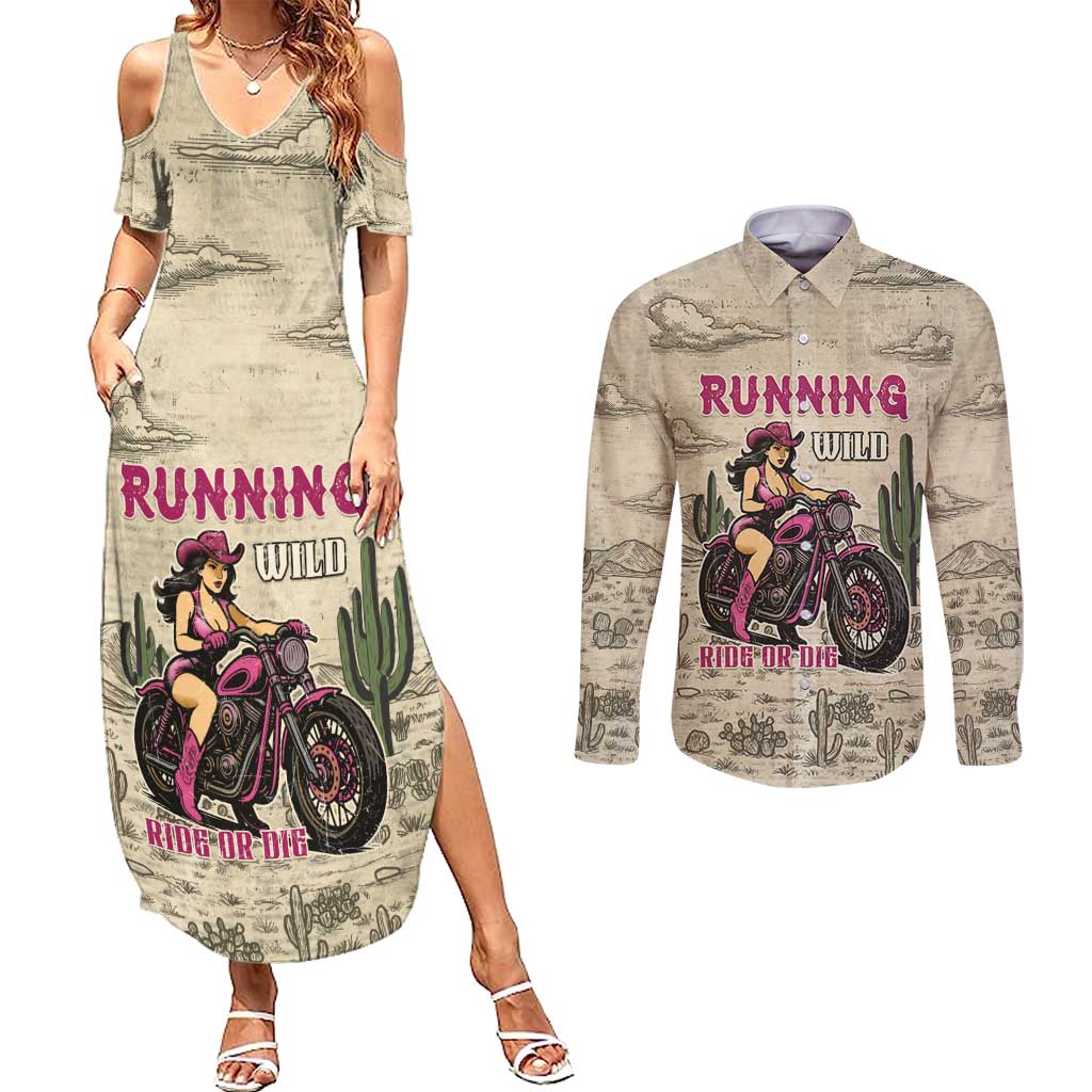 Cowgirl Couples Matching Summer Maxi Dress and Long Sleeve Button Shirt Running Wild Ride Or Die