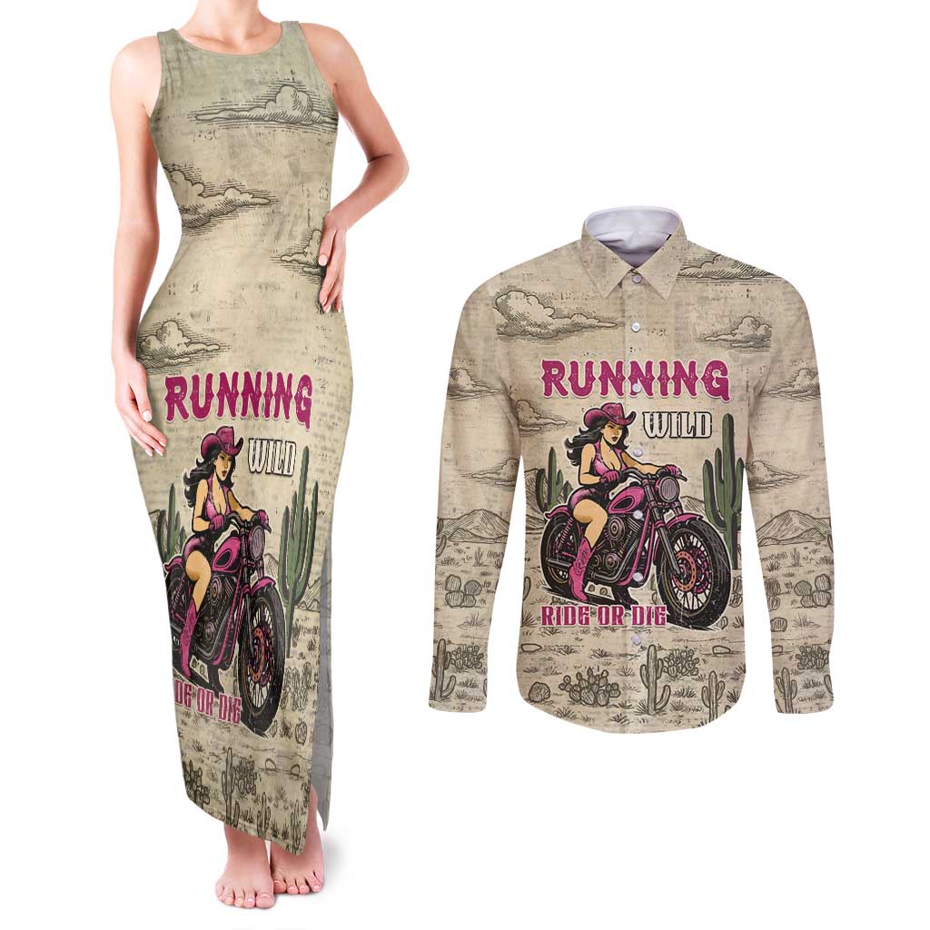 Cowgirl Couples Matching Tank Maxi Dress and Long Sleeve Button Shirt Running Wild Ride Or Die
