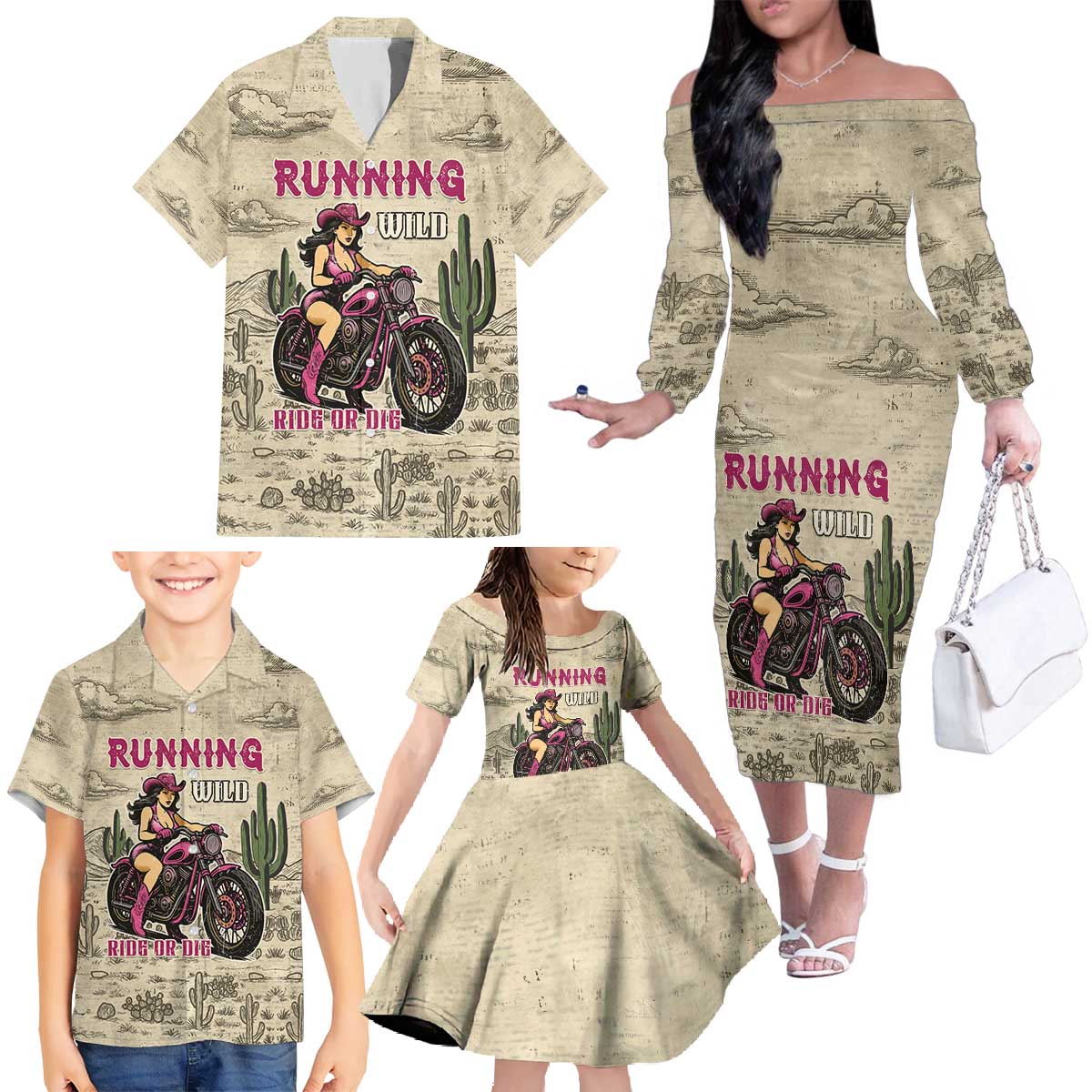 Cowgirl Family Matching Off The Shoulder Long Sleeve Dress and Hawaiian Shirt Running Wild Ride Or Die