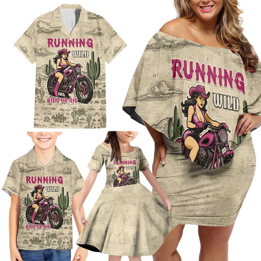 Cowgirl Family Matching Off Shoulder Short Dress and Hawaiian Shirt Running Wild Ride Or Die