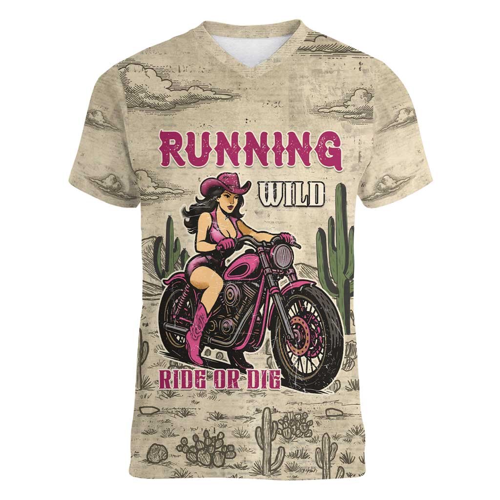 Cowgirl Women V-Neck T-Shirt Running Wild Ride Or Die