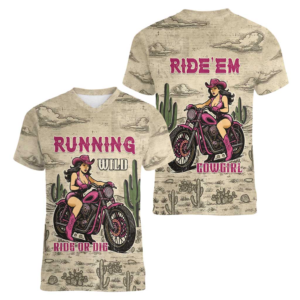 Cowgirl Women V-Neck T-Shirt Running Wild Ride Or Die