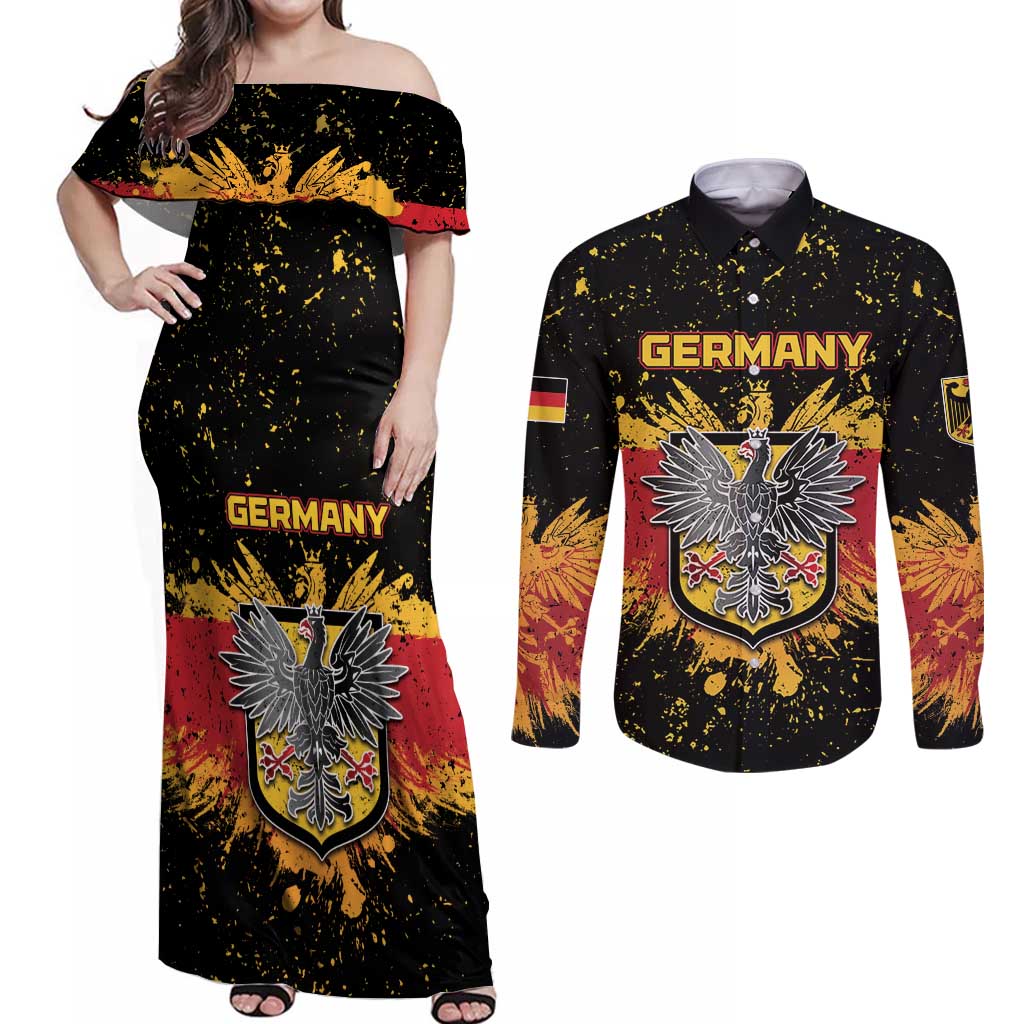 Personalized Germany Couples Matching Off Shoulder Maxi Dress and Long Sleeve Button Shirt Bundeswappen Art Symbol - Wonder Print Shop