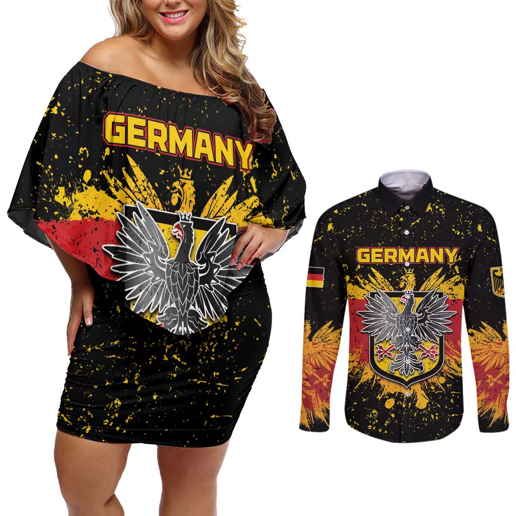 Personalized Germany Couples Matching Off Shoulder Short Dress and Long Sleeve Button Shirt Bundeswappen Art Symbol - Wonder Print Shop