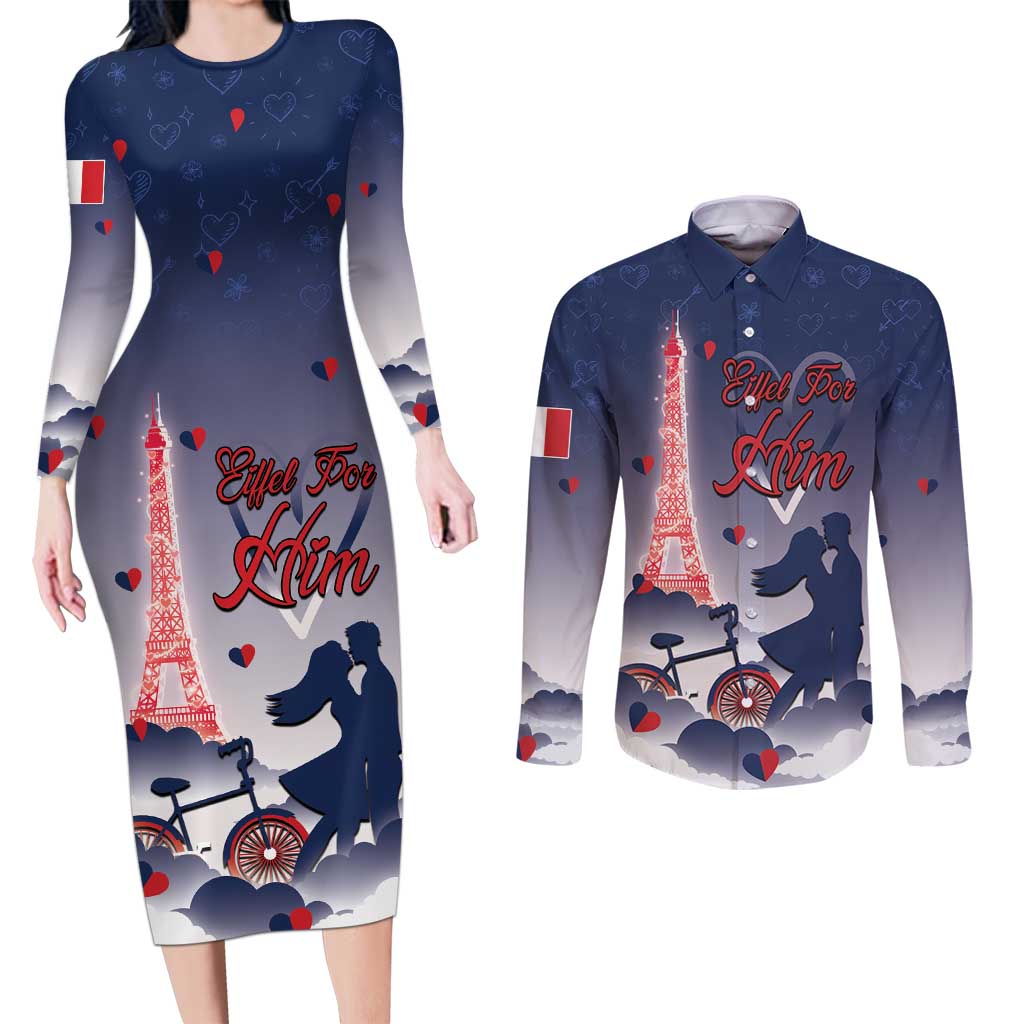 Personalized France Couples Matching Long Sleeve Bodycon Dress and Long Sleeve Button Shirt Eiffel For Him - Wonder Print Shop