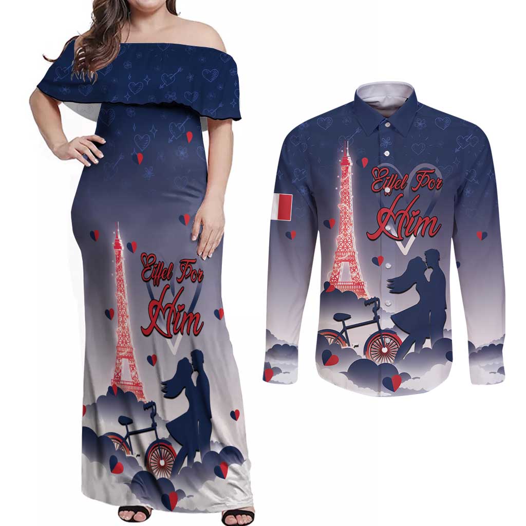 Personalized France Couples Matching Off Shoulder Maxi Dress and Long Sleeve Button Shirt Eiffel For Him - Wonder Print Shop